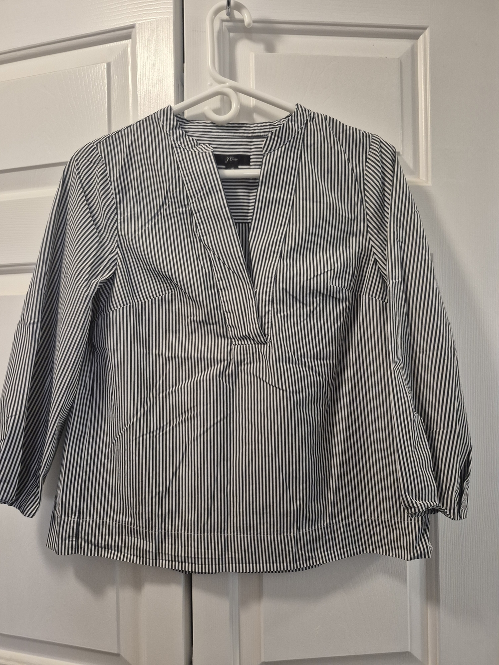 J. Crew Dark Navy and White Vertical Stripe V-Neck Blouse
